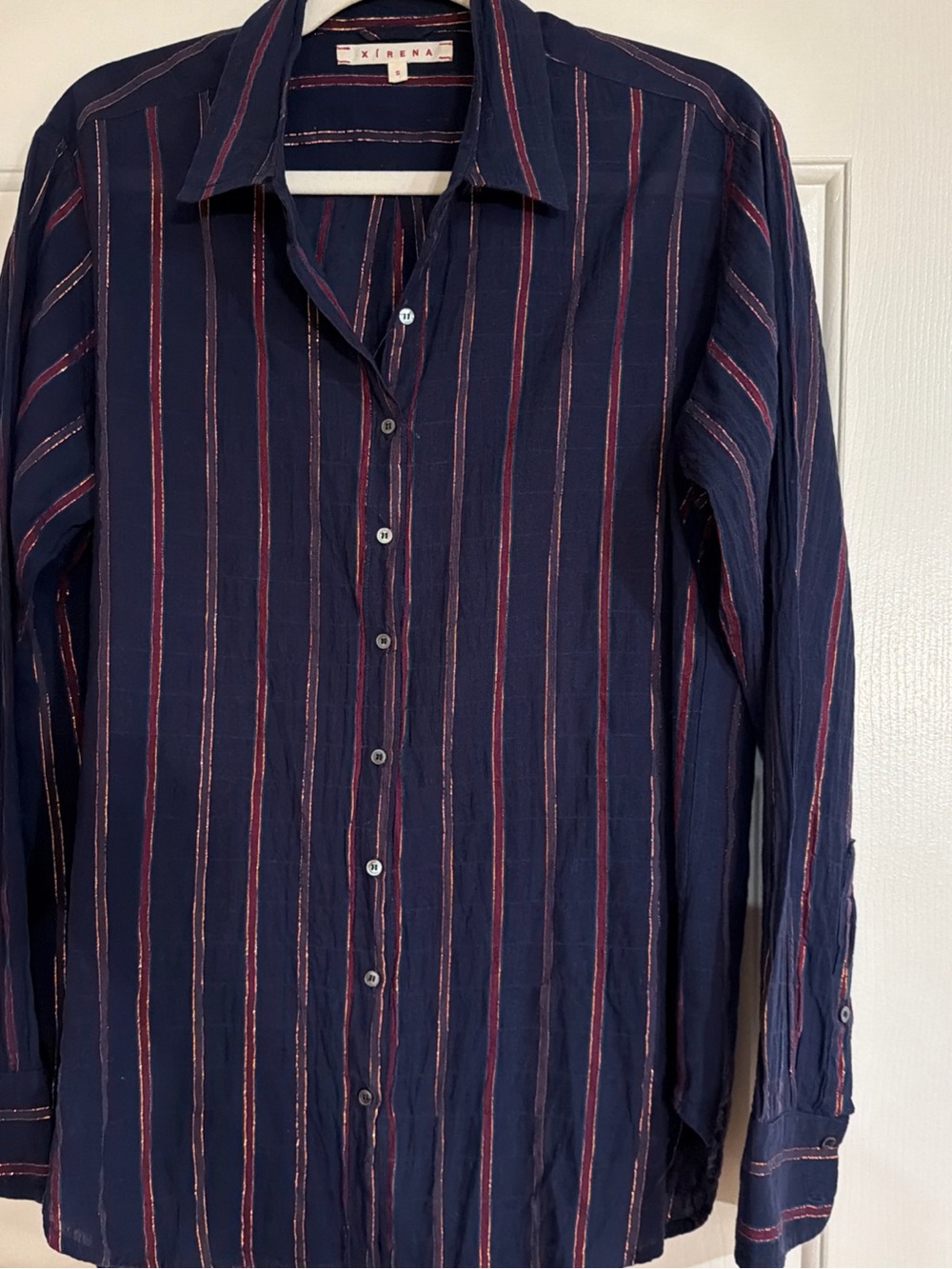 Xirena Boyfriend navy with red & gold Stripes Button-Up Shirt size S